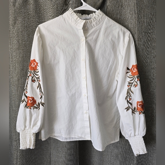 MNG Mango White Embroidered High Neck Puffer Sleeve Button Up Blouse Size 4 - Picture 1 of 5